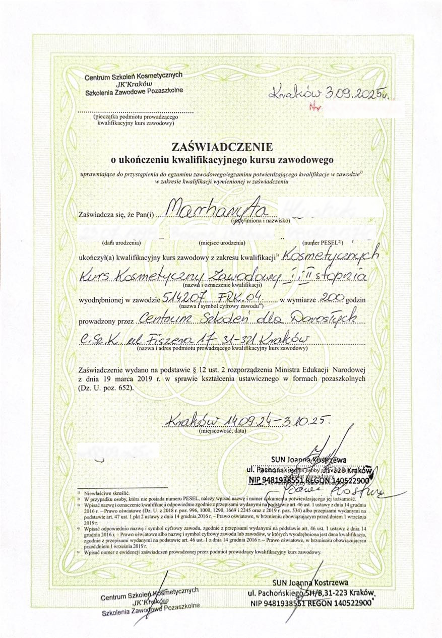 Dyplom ukończenia kwalifikacyjnego kursu zawodowego Margo